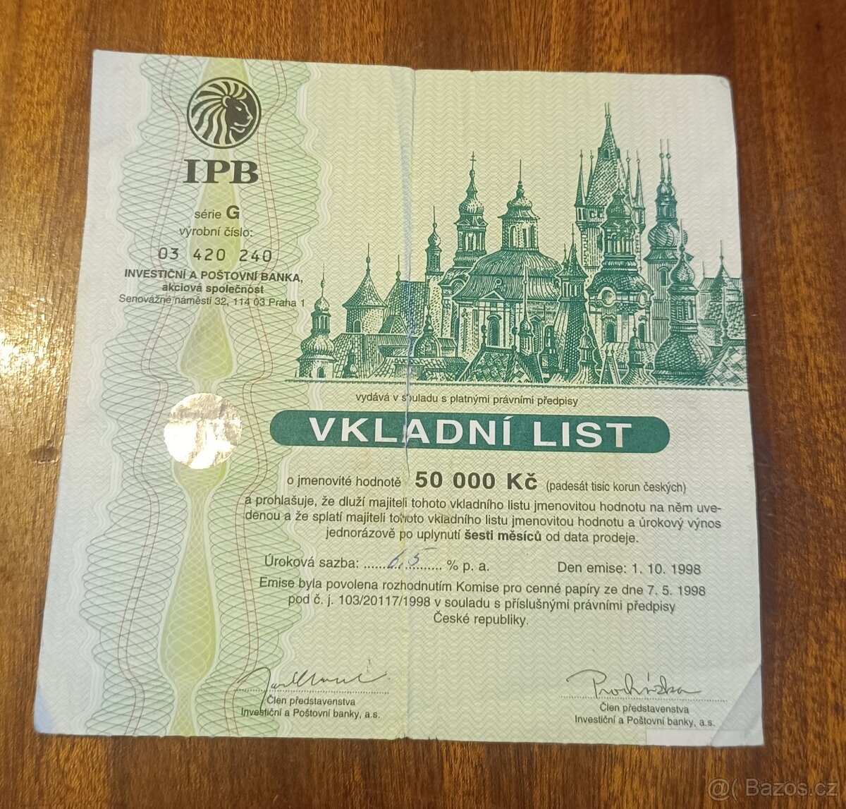 Vkladní list IPB na 50.000Kč Akcie