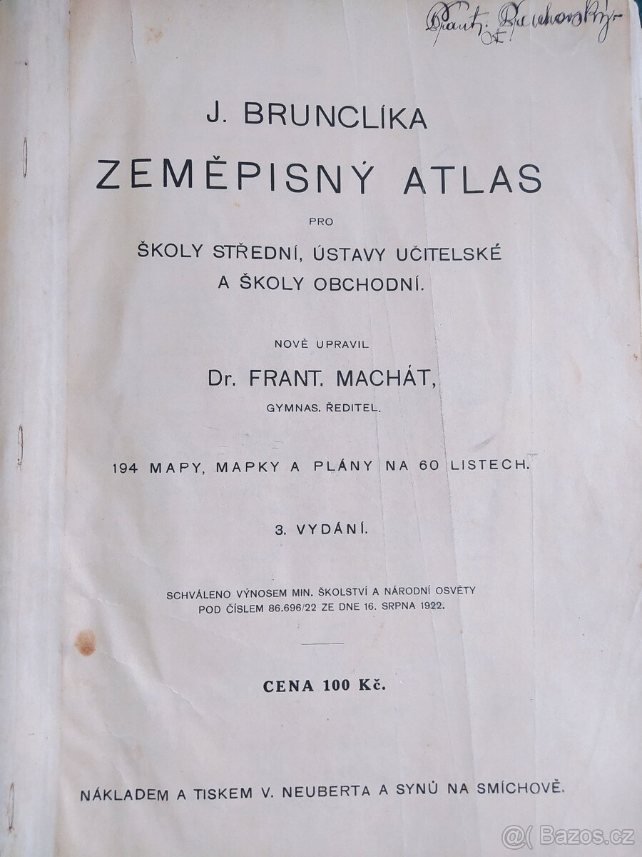 Zeměpisný atlas J. Brunclíka z r. 1922