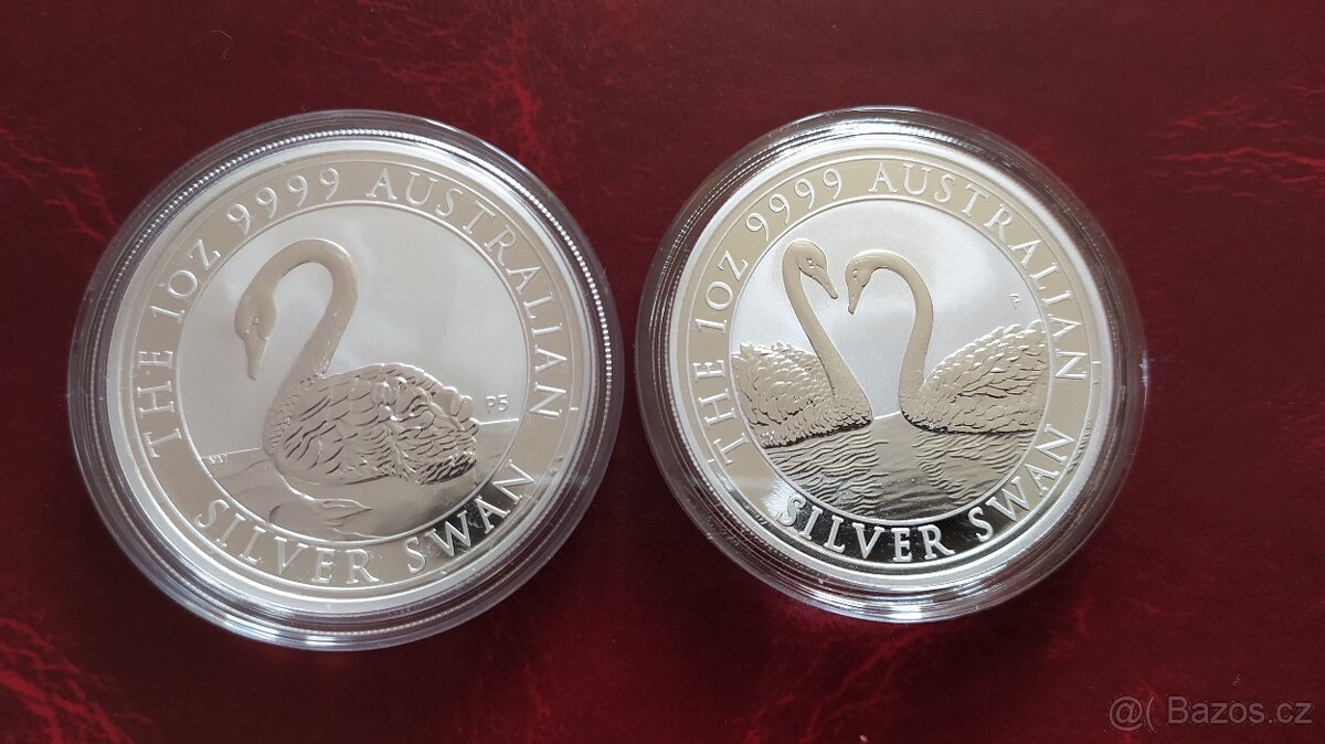 2x 1 oz stříbrné mince Australian Swan Labuť 2021 a 2022