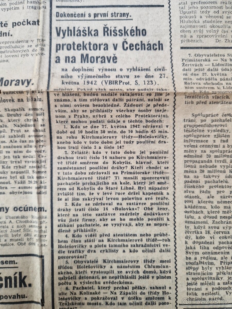 Staré noviny s vyhláškou Říš.protektora, okleštění Slovenska