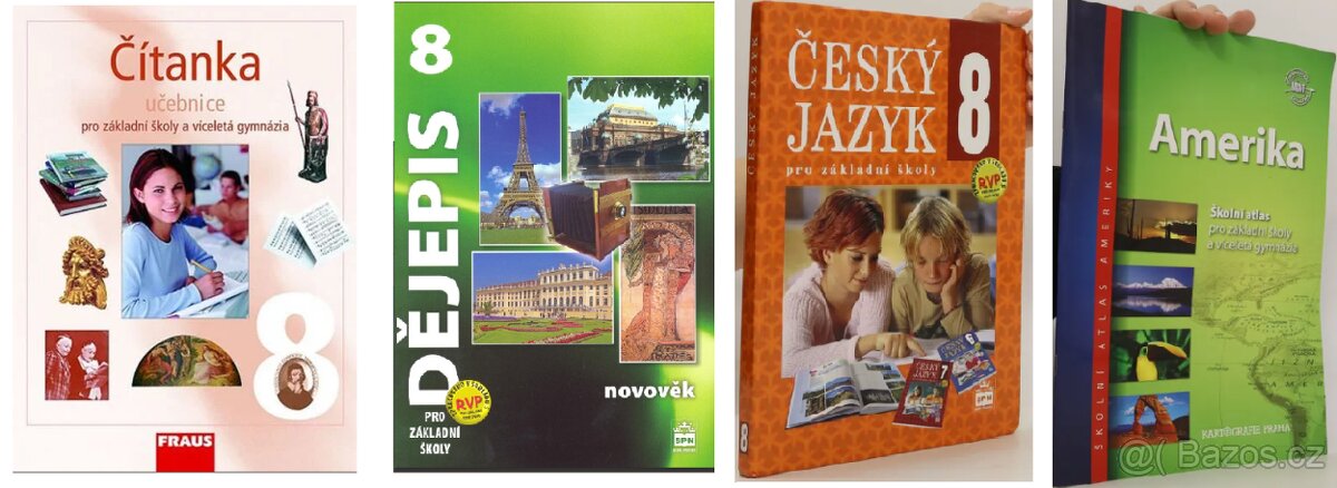 DĚJEPIS 8, 9 + ČÍTANKA 8 + ČESKÝ JAZYK 8+ ATLAS+GEOMETRIE