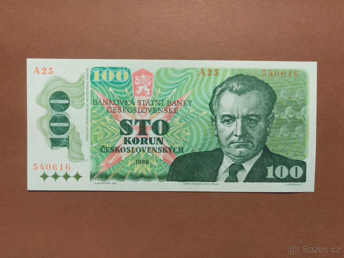 100 Kčs 1989 - Gottwald - STAV UNC 