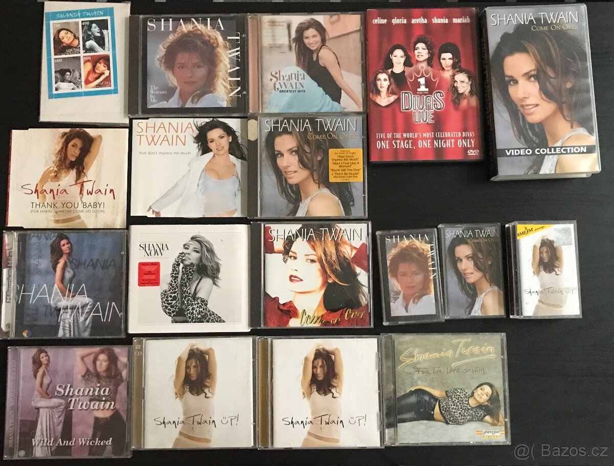 Shania Twain - sbírka CD, MC, VHS, DVD + známky.