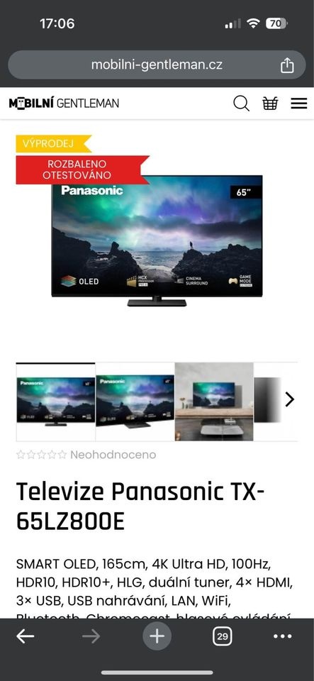 OLED TV Panasonic TX-65LZ800E. Rozbaleno, 24m zaruka. DPH