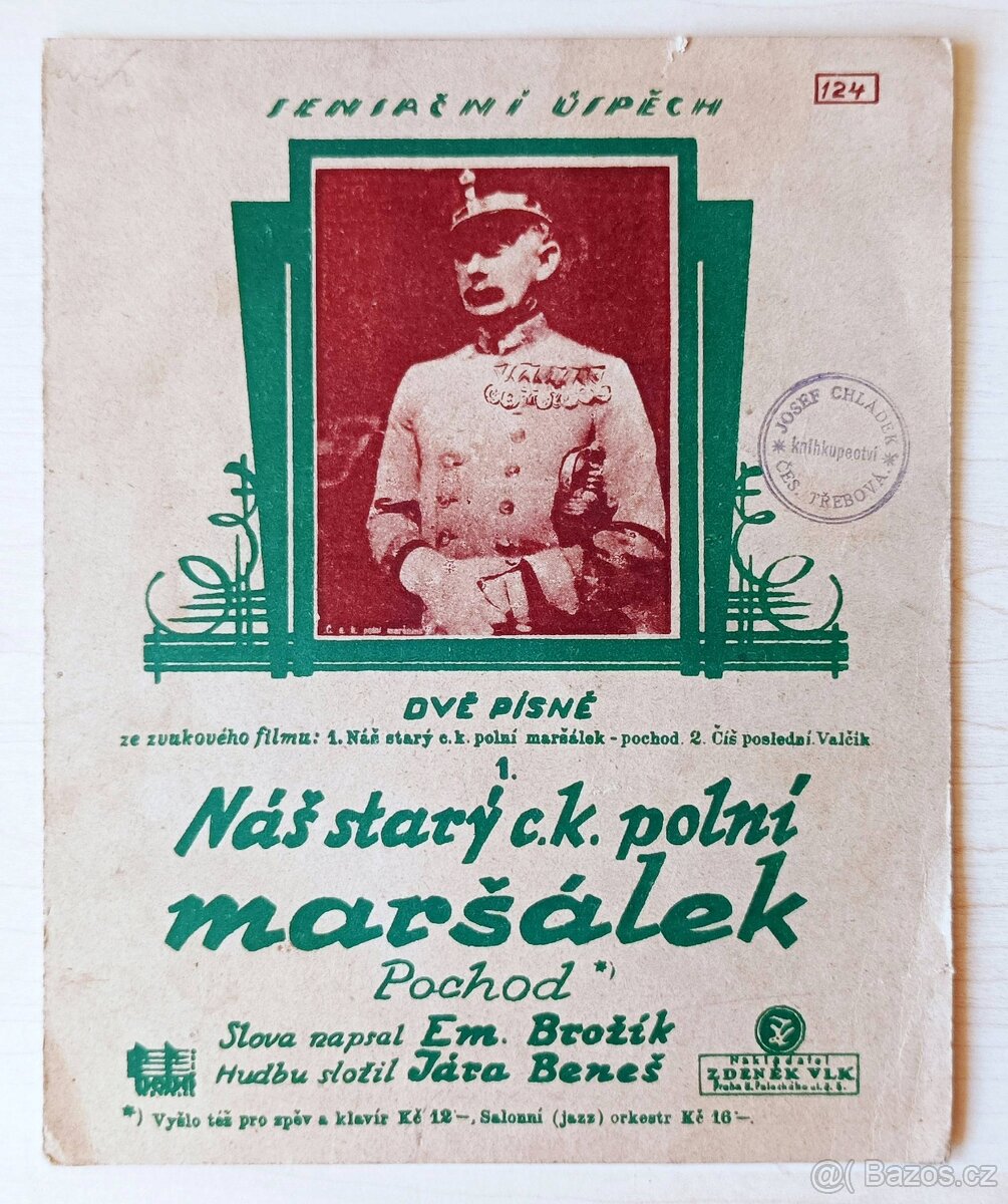 Vlasta Burian C a k polní maršálek, originální noty 1930