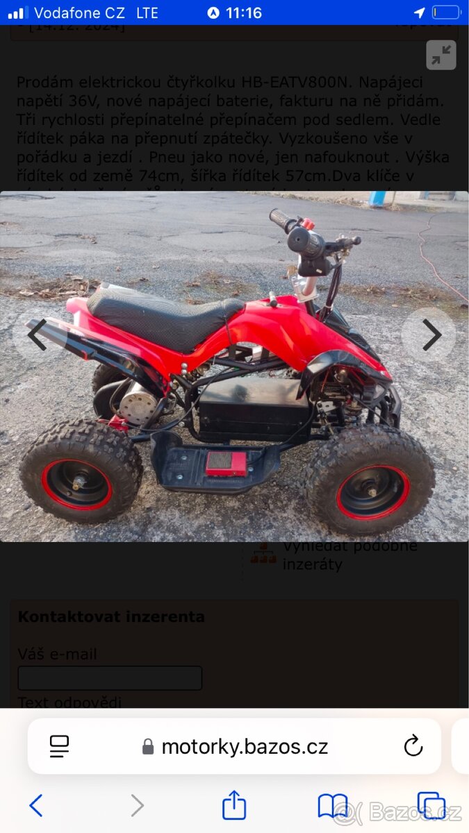 Prodám dětskou elektro ctyrkolku hb-eatv800b 36v