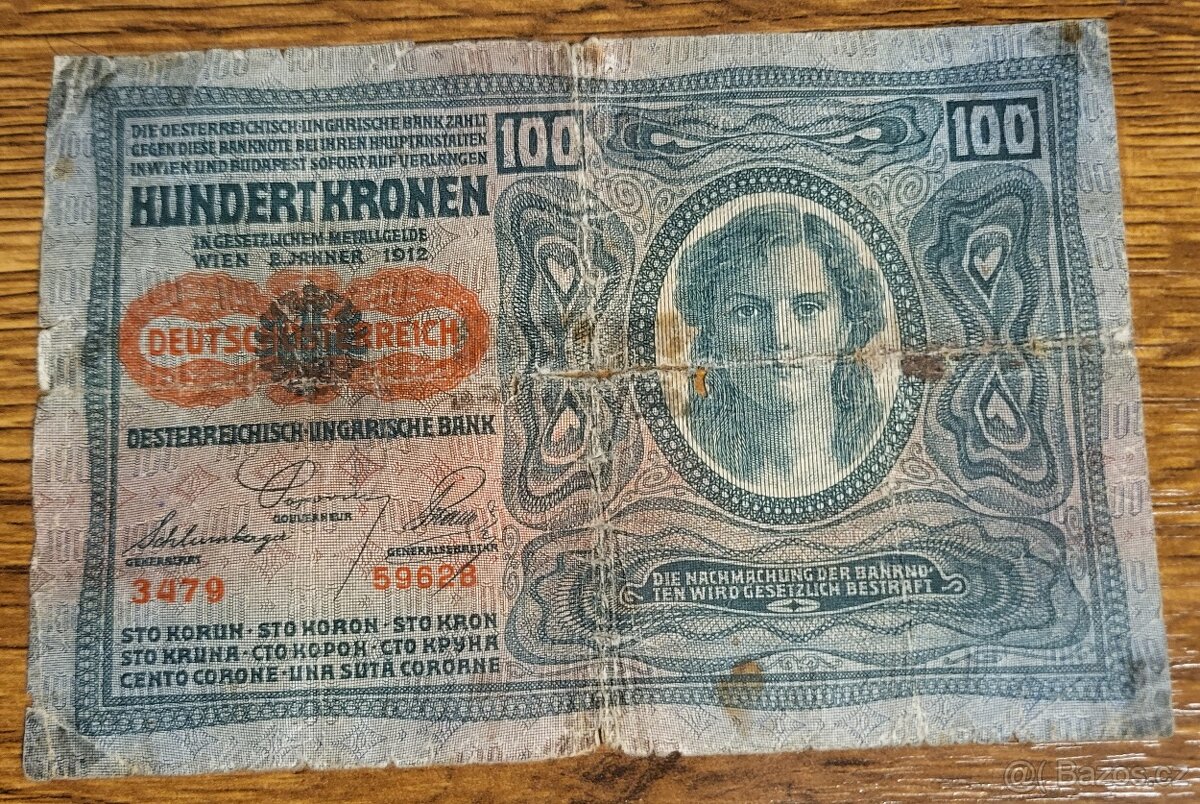 100 kronen 1912 série 3479, s přetiskem DEUTSCHÖSTERAICH