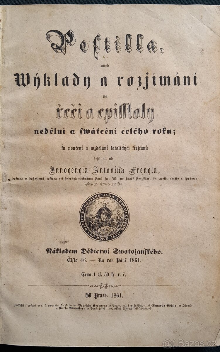KNIHA V ČEŠTINĚ Z ROKU 1861 - POSTILLA - SLEVA