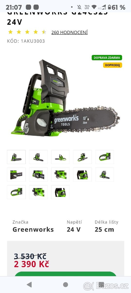 AKU ŘETĚZOVÁ PILA GREENWORKS G24CS25 24V

