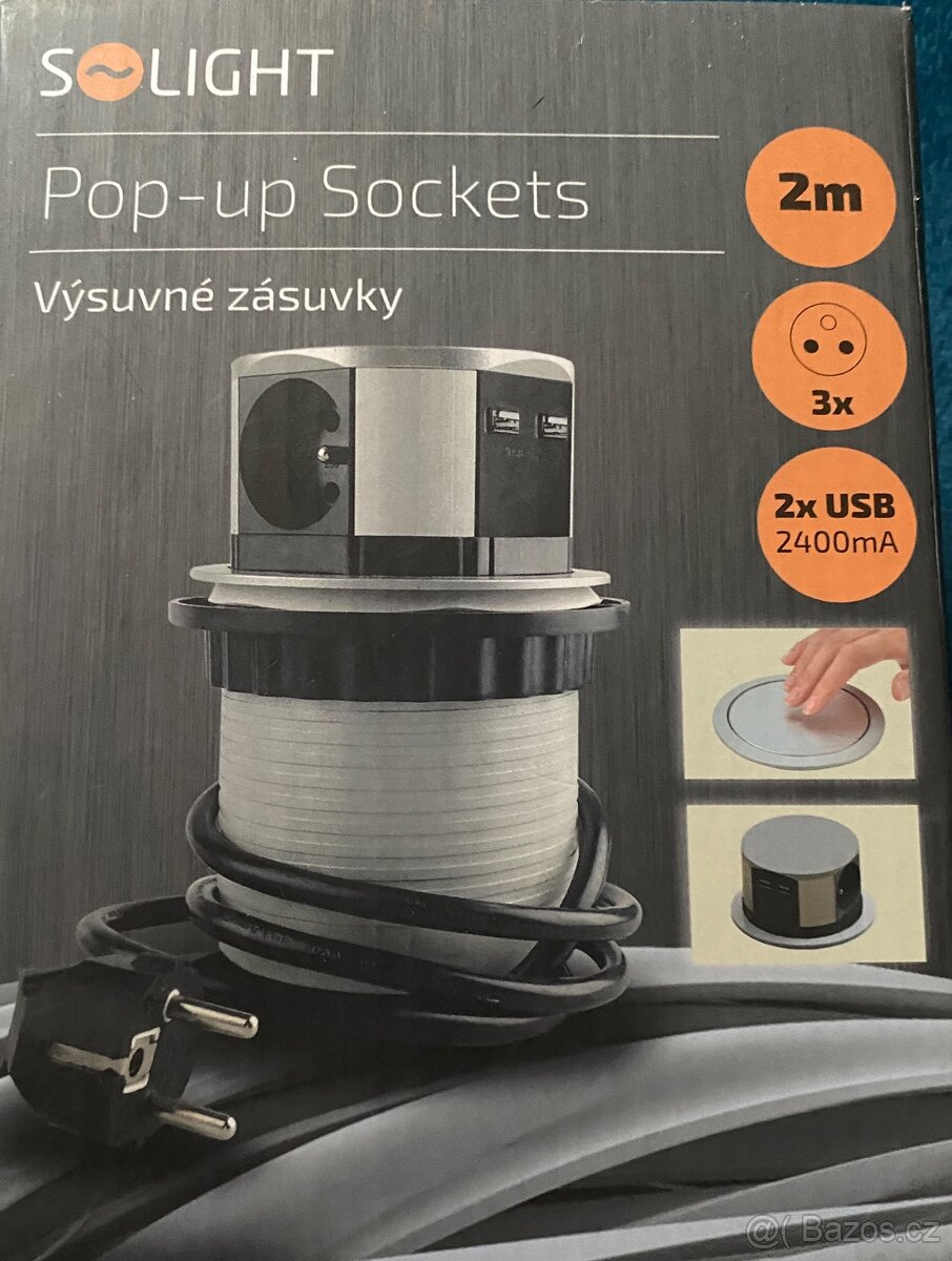 Solight výsuvný blok zásuvek, 3 zásuvky, 2x USB, kruhový tva