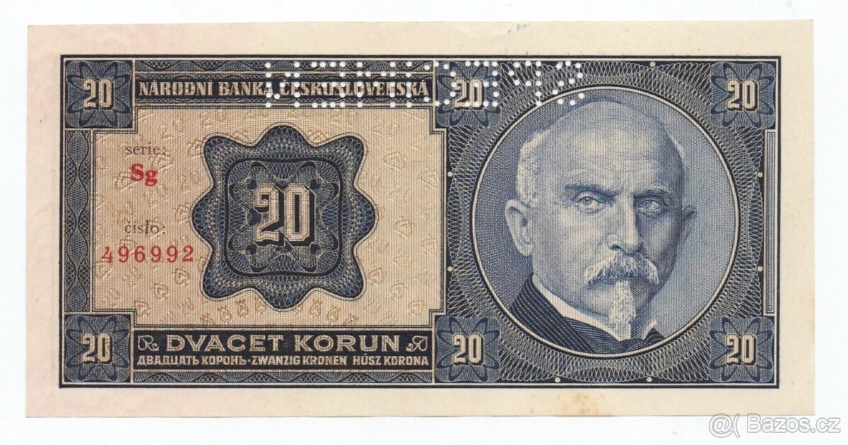 20 Korun 1926 serie Sg stav UNC perforovana.