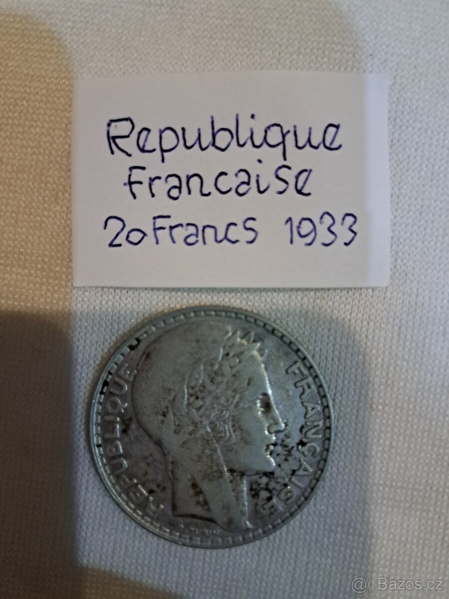 Francie, 3. republika, 20 francs 1933, 20g, Ag 680/1000