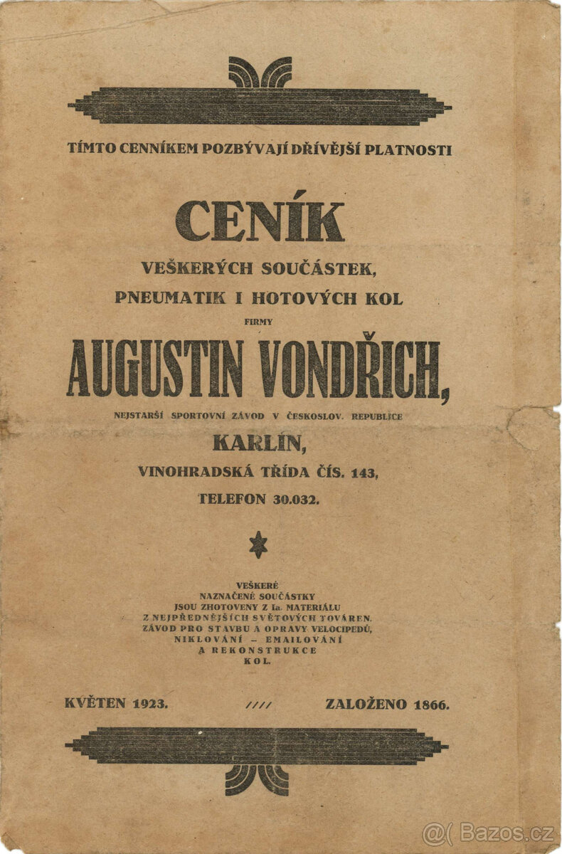 Augustin Vondřich ceník 1923