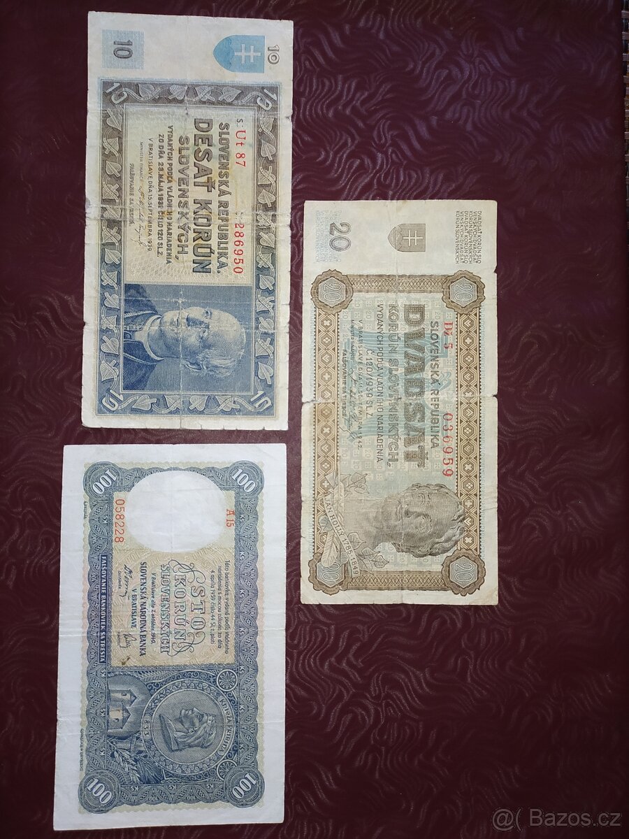 BANKOVKY 10,20,100 SLOVENSKÝCH KORUN, 1939-1942, VŠE NEPERF.