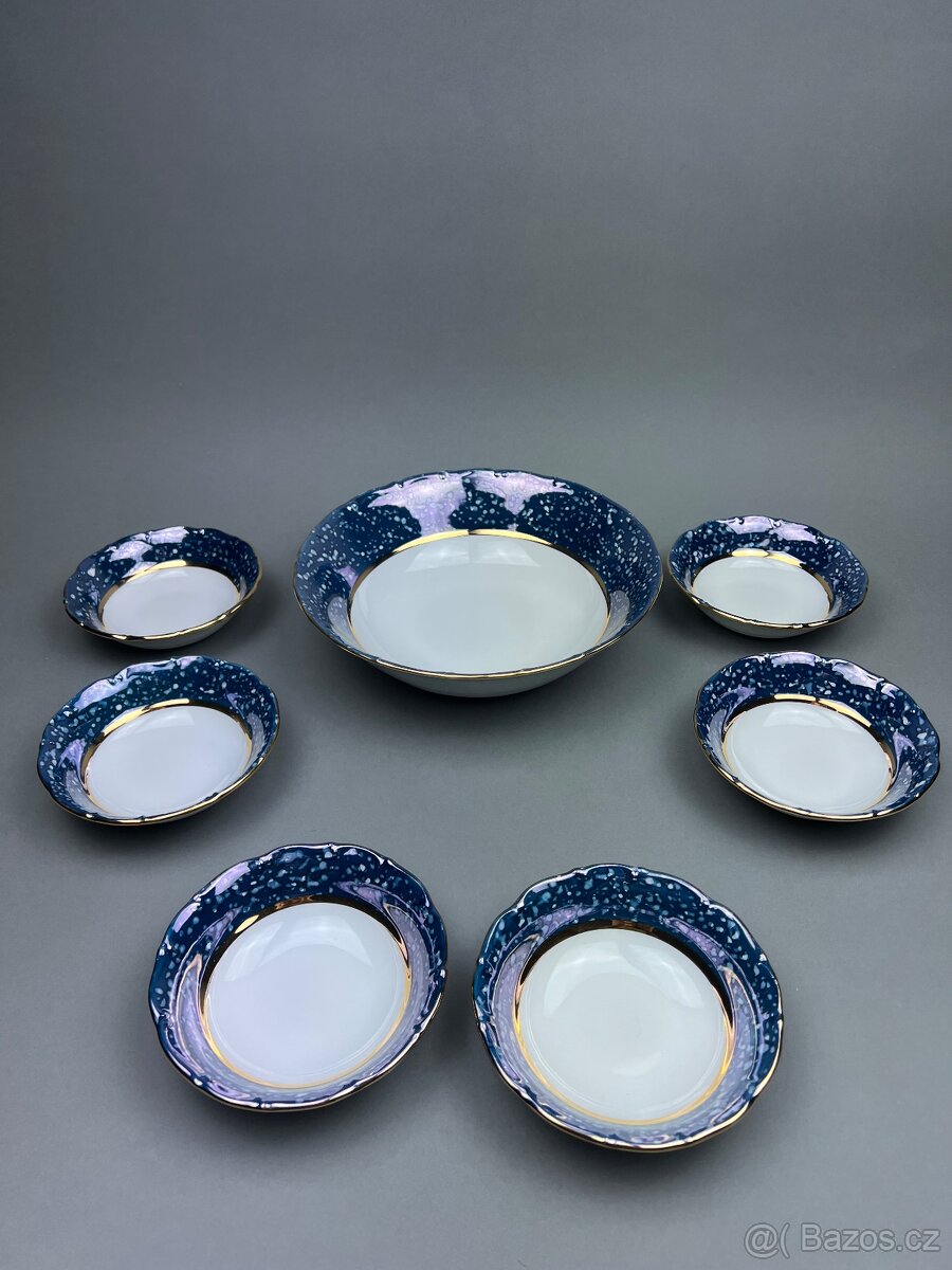 Kompotová souprava, listr se zlatem, český porcelán