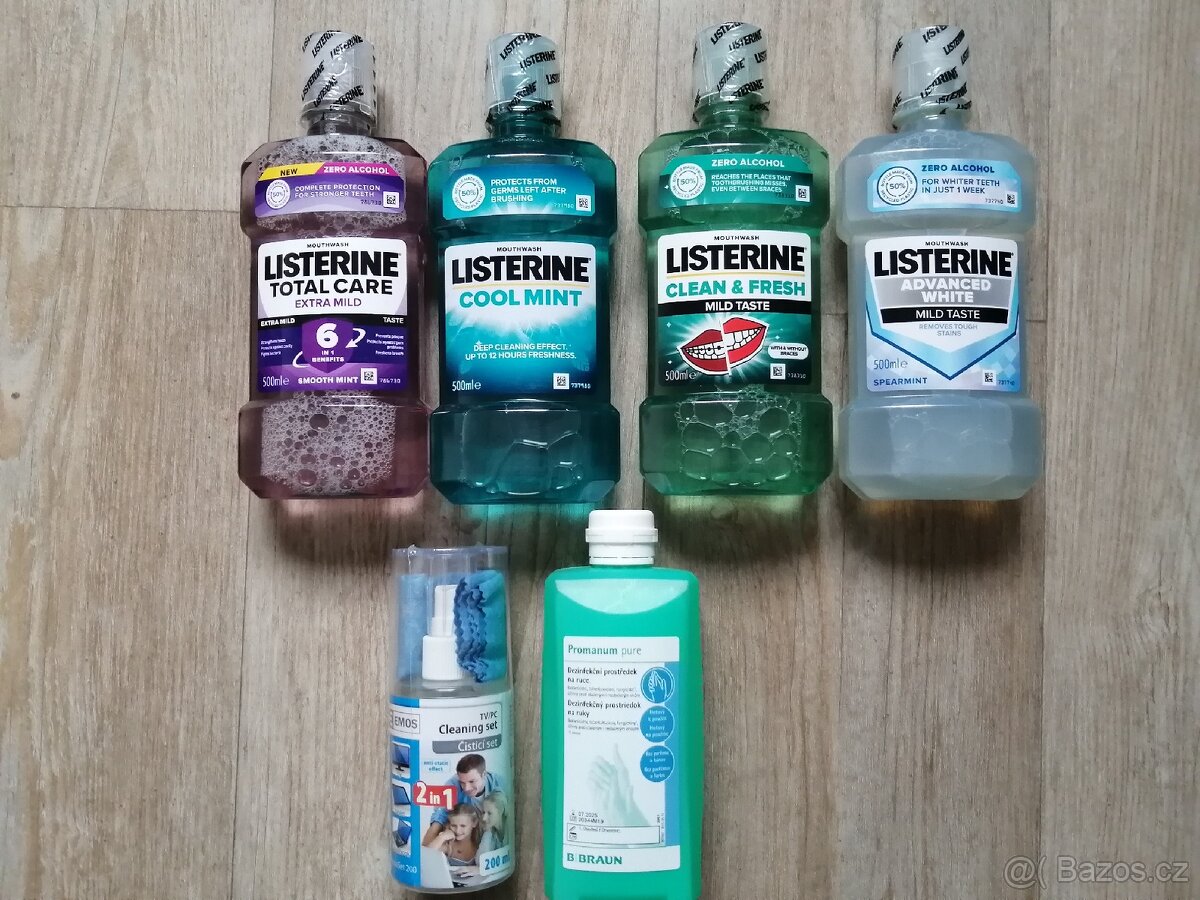 Ústní voda Listerine, čistící set EMOS, dezinfekce Promanum