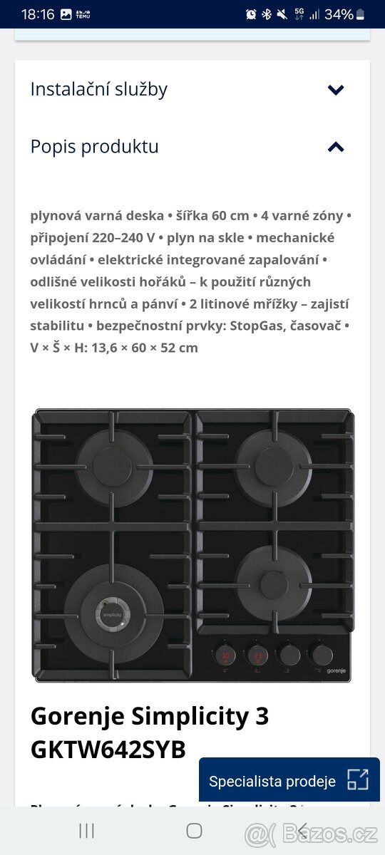 Nova Plynová varná deska Gorenje Simplicity 3