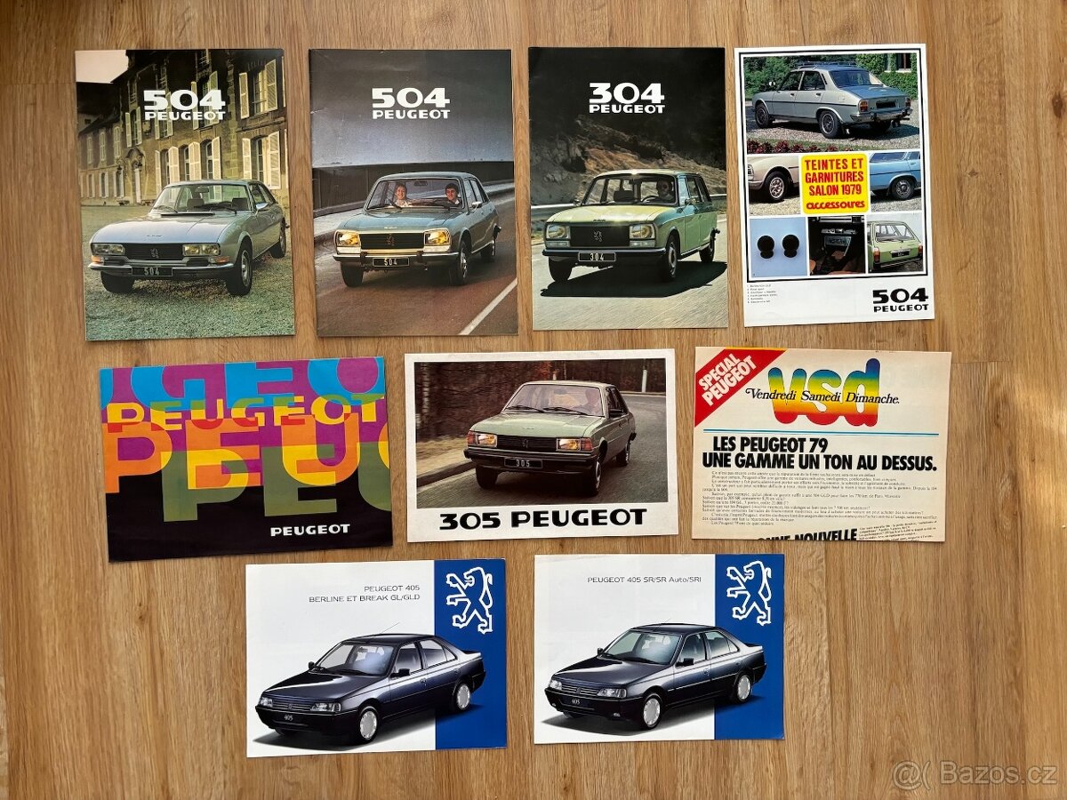 Prospekty Peugeot 1979, 2x r. 1993, 9 kusů, top stav