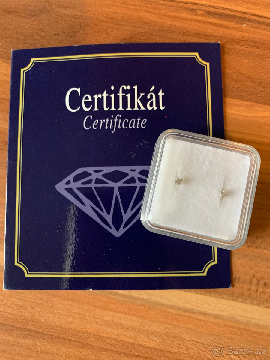 Mini náušnice pecky s diamantem, bílé zlato 14kt, s certifik