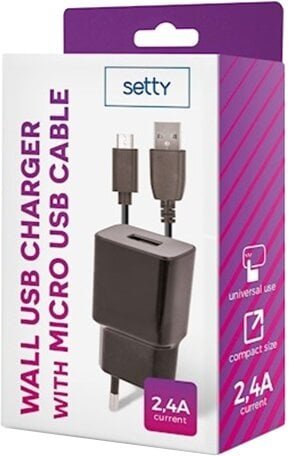 Setty síťová nabíječka, černá + kabel microUSB, 1m, černá