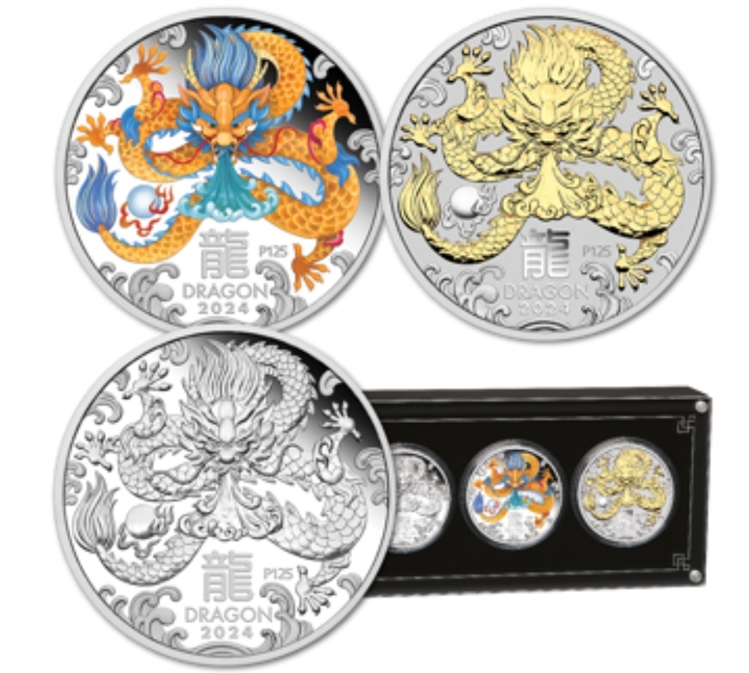 Set strieb.mincí 3 oz-Lunárna séria III. -Rok draka 2024