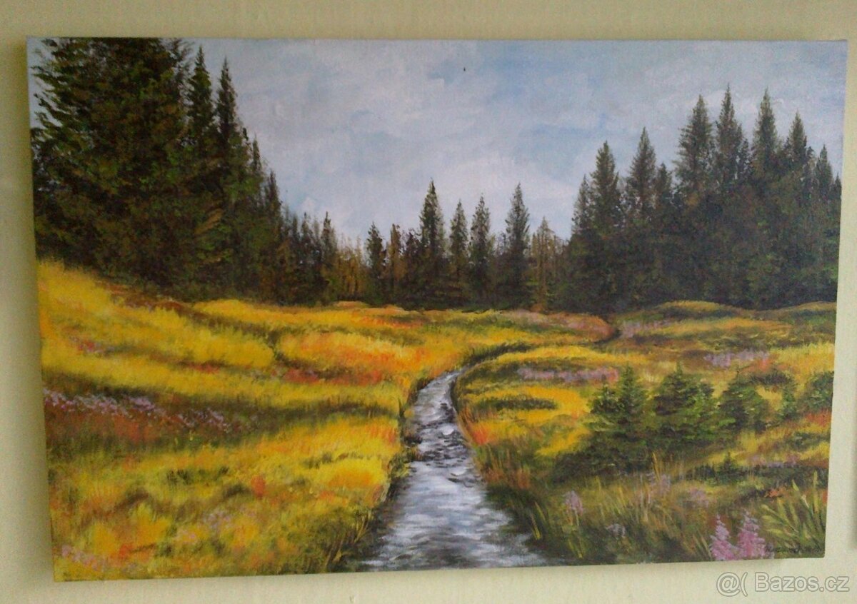 Šumava - Roklanský potok u chaty, orig. akryl 60 x 40