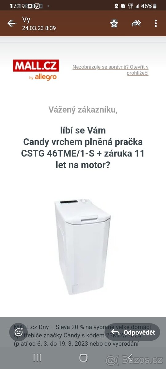 Pračka s vrchním plněním 8kg nová