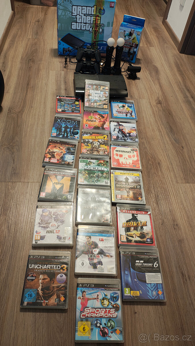 PlayStation 3, 500GB, GTA 5 Edition, 2 ovladače+Move+Hry