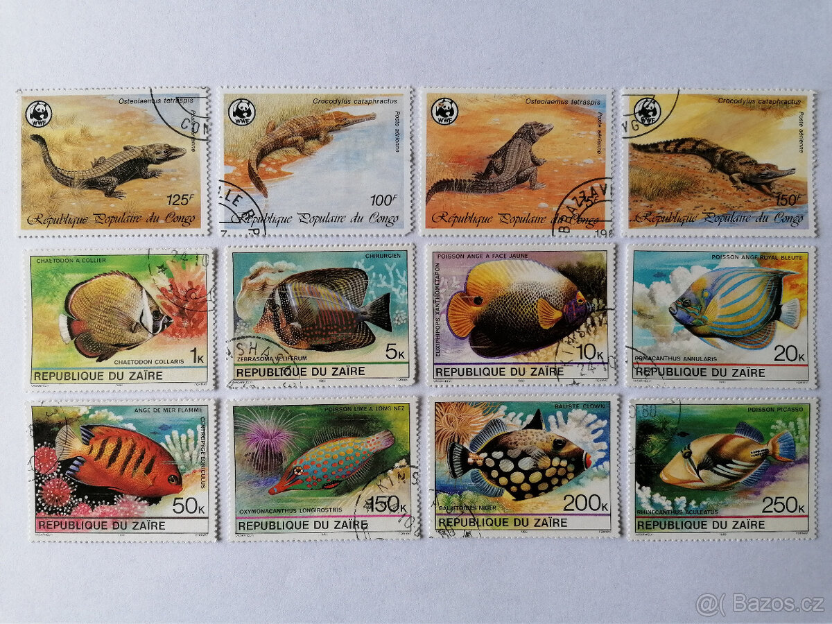 Sbírka 12 známek Afrika - Kongo - Zair známky krokodýli ryby