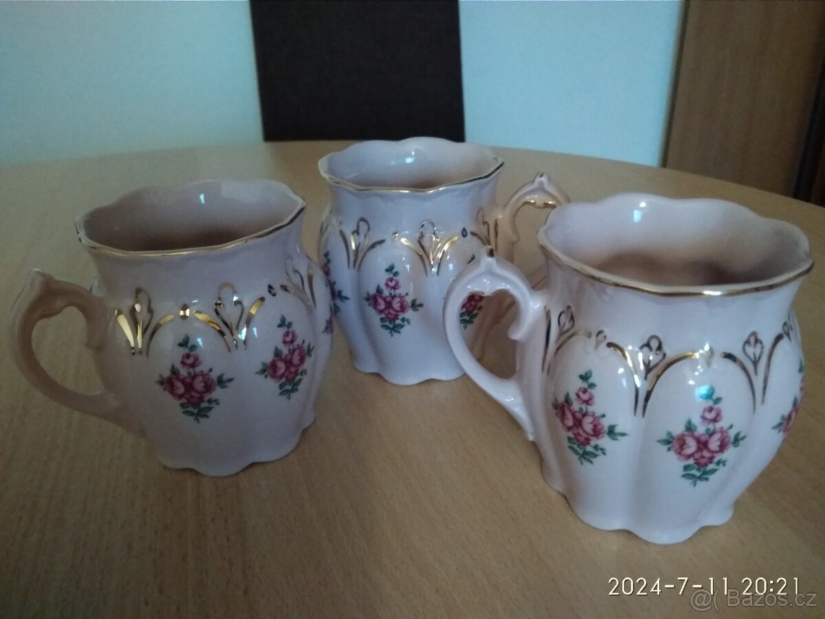 3x hrnek, růžový porcelán,značený