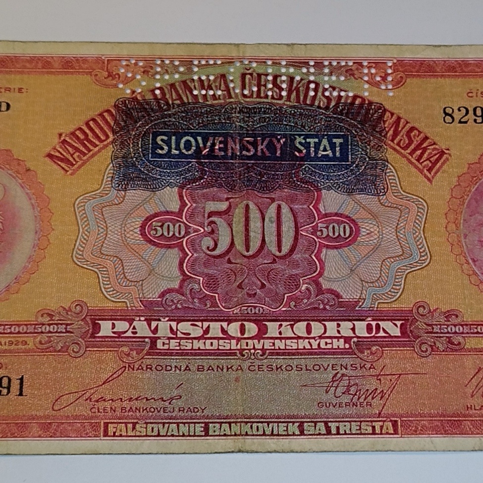 500 Kčs 1929/1939, přetisk SLOVENSKÝ ŠTÁT, SPECIMEN,