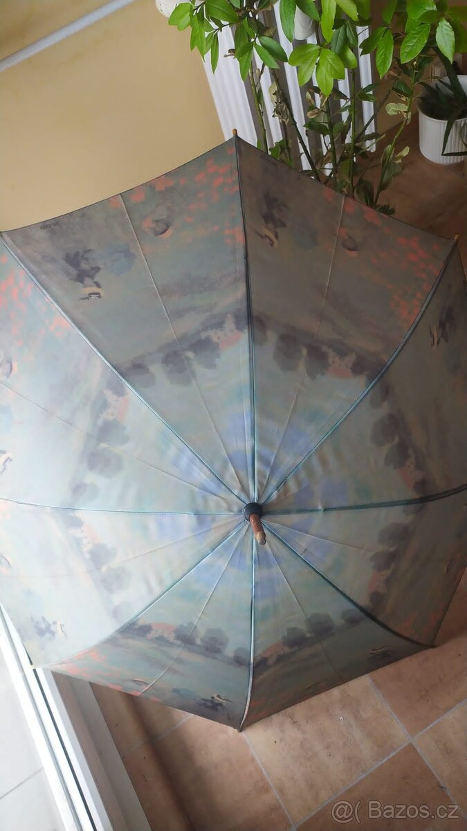 Velký rodinný deštník modrozelenooranžový vzor s rukovětí