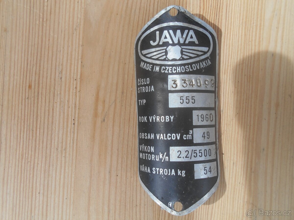 Jawa 555 výrobní štítek r.v.1960