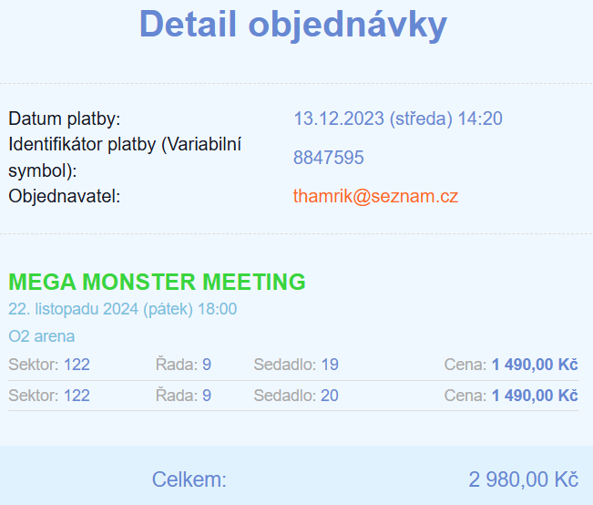 MEGA MONSTER MEETING - 22.11.2024 O2 Arena - 2 lístky