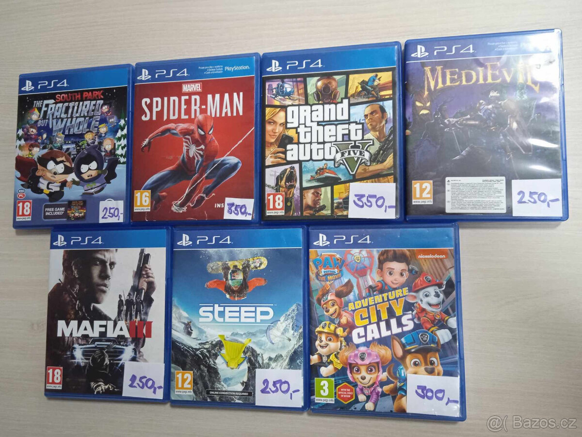 Playstation 4 hry spiderman, gta V, mafia 3 atd.