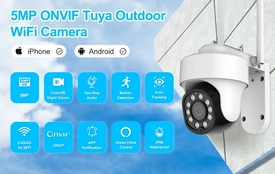 Kamera 5 Mpx, ONVIF, 2.4G 5G WiFi Smart Home IP, PTZ, Tuya