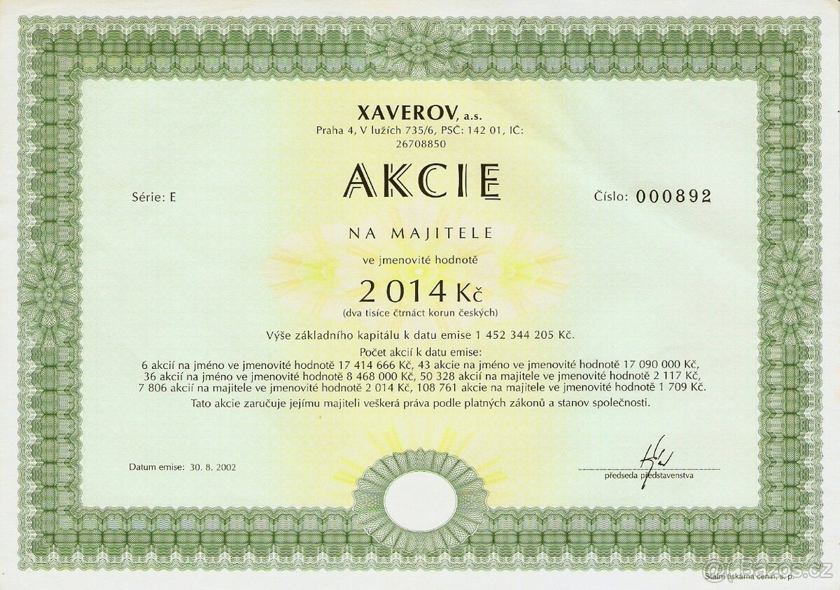 Listinná akcie XAVEROV a.s., nominál 2014 Kč (neplatná)