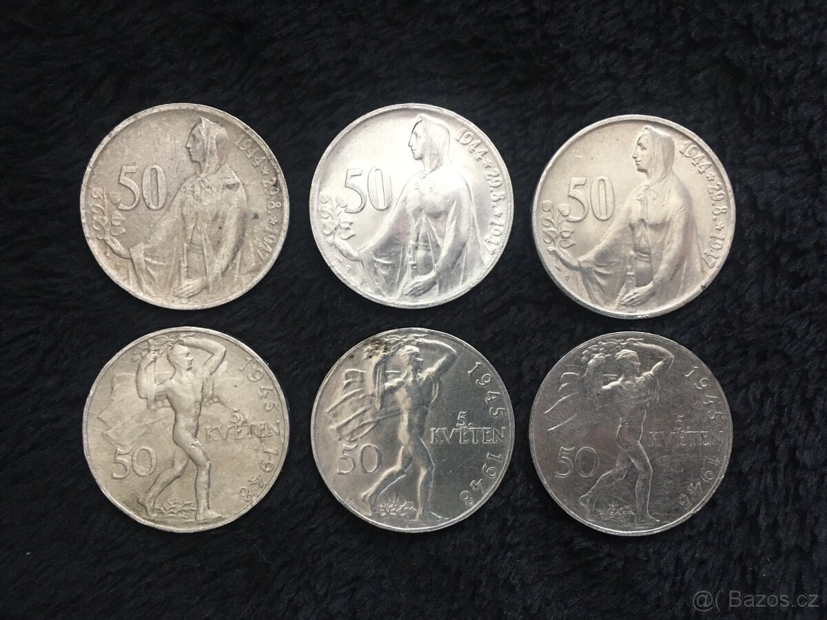 6 kusů stříbrných 50 Kčs, mince Československo ČSSR