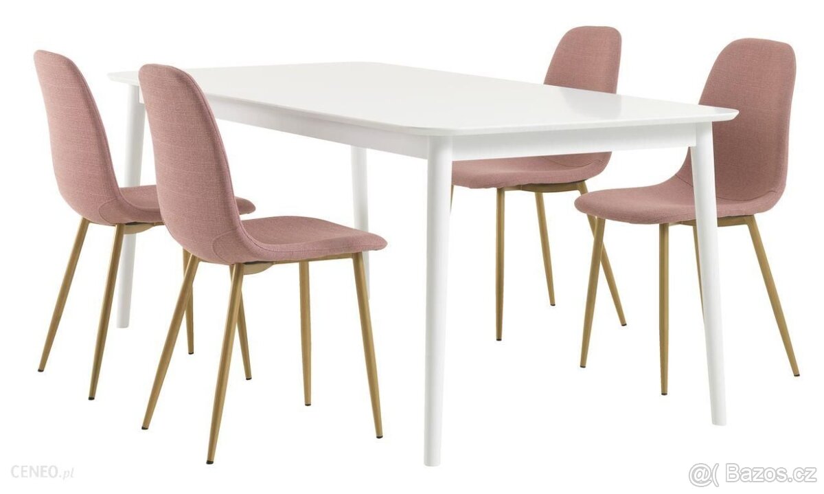 4 ks růžové čalouněné židle a zlatá podnož