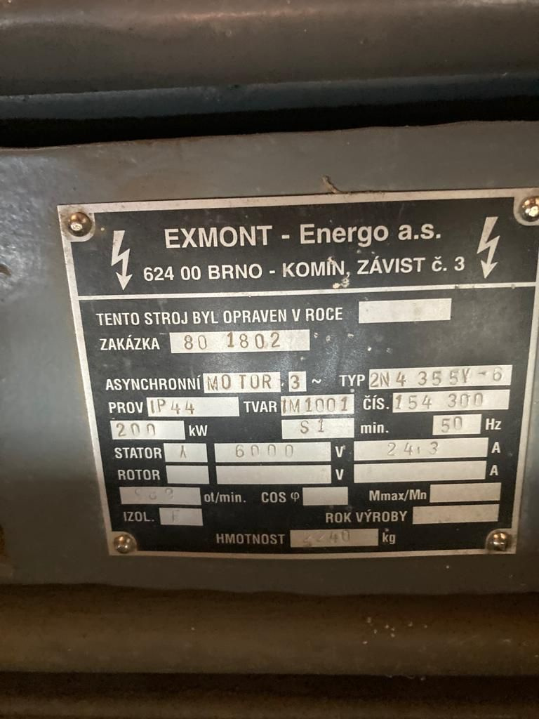 Vysokonapěťový elektromotor 200kW, 1000 rpm,  6000V