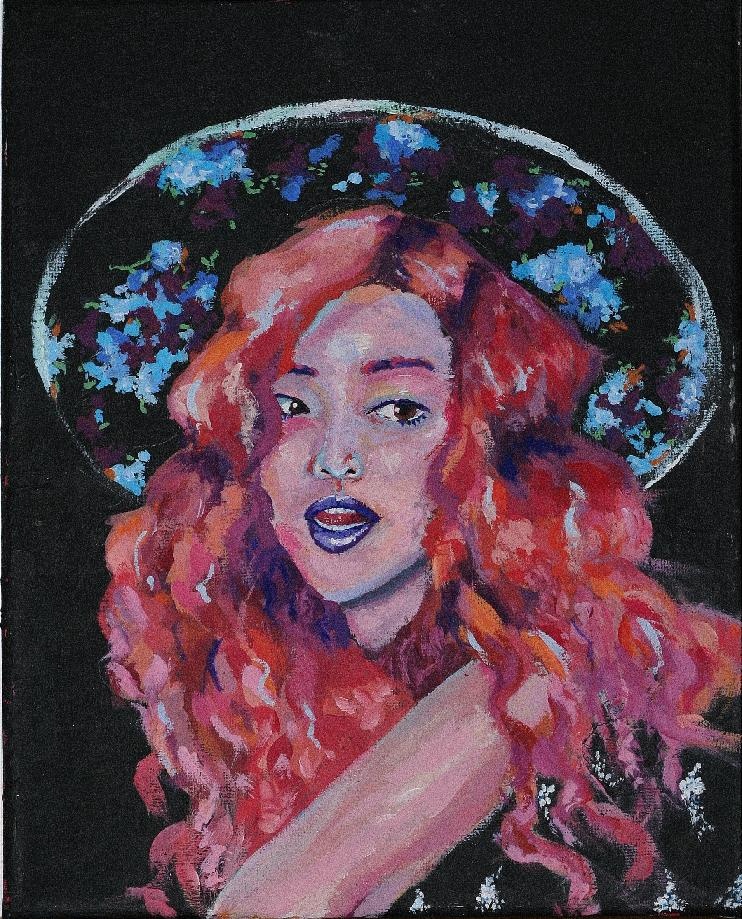 Žena s květinovým kloboukem, akryl na plátně