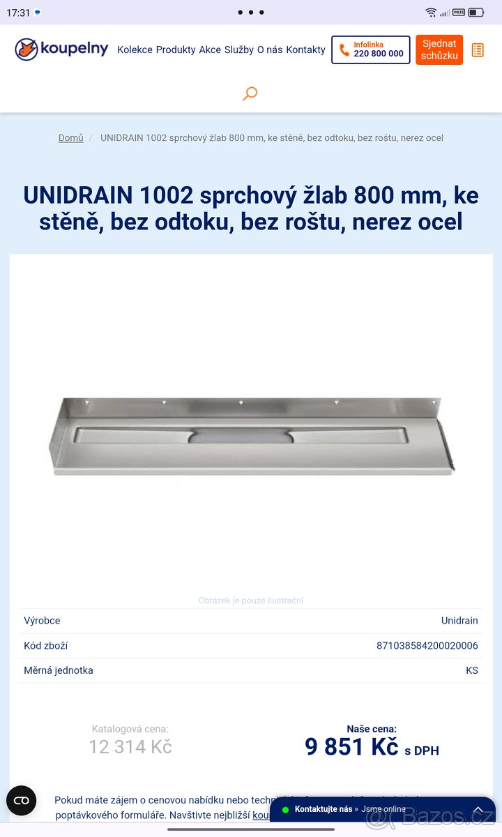UNIDRAIN 1002.0800 model 800mm (sprchový nerezový žlab)