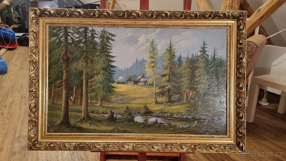 Obraz "Hájovna" B. Bureš ve zlatém rámu 76x116 cm