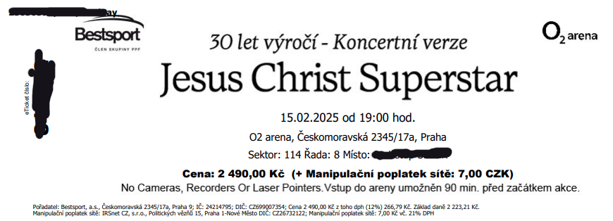 Jesus Christ Superstar, 15.2., 2 místa + parking