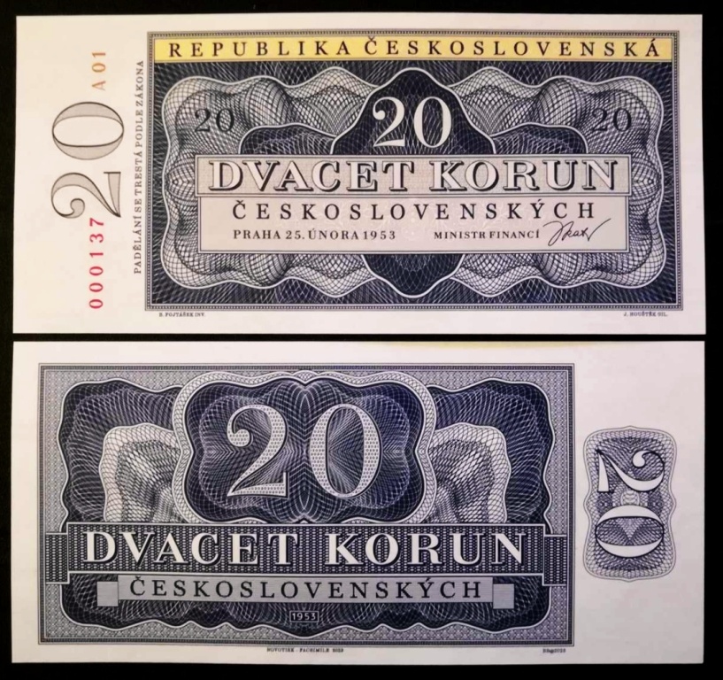 20 Kčs 1953 série A 01 nevydaná novotisk  UNC