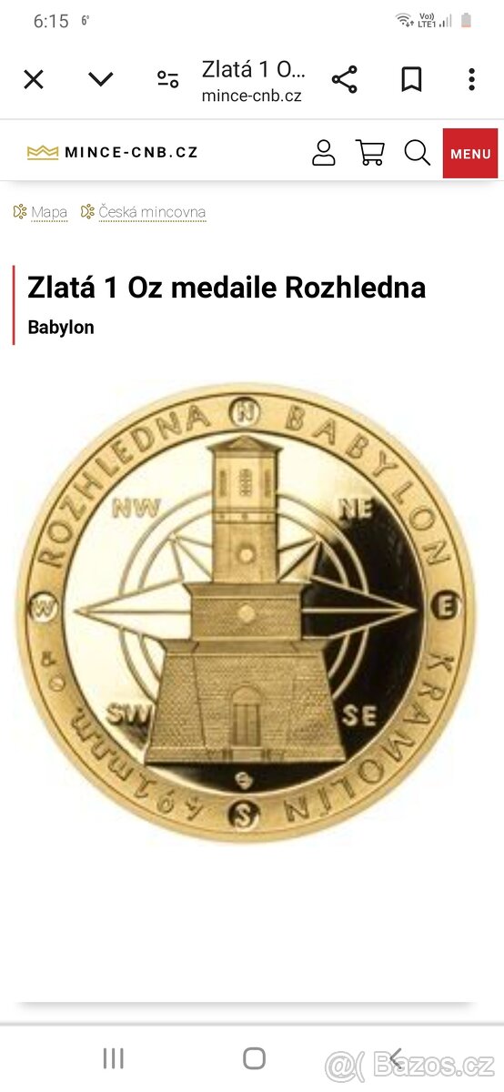Zlatá  medaile,  rozhledna  Babylon 2014,  31,1 g ryzí zlato