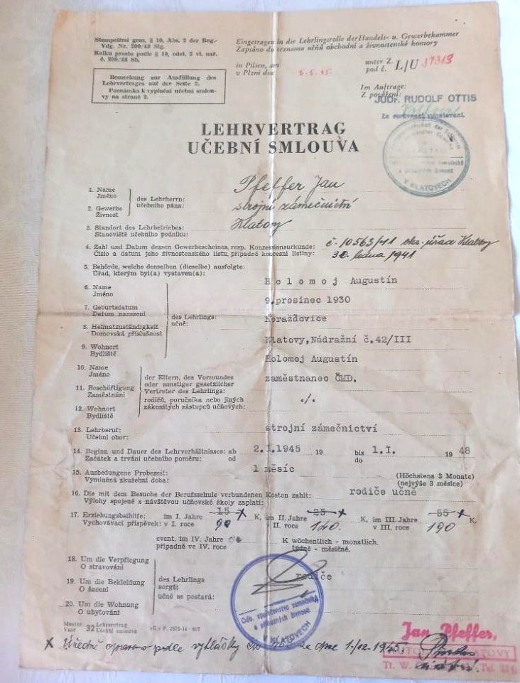Válečný doklad LEHRVERTRAG Učební smlouva z 2.1.1945