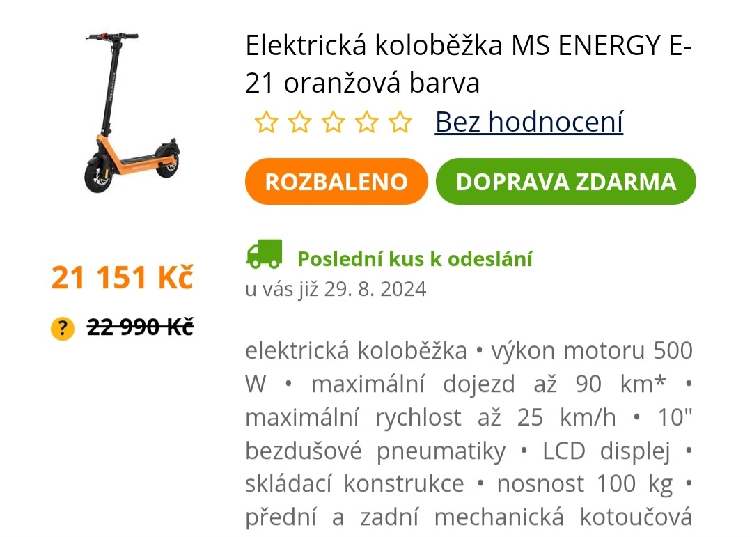 elektrická koloběžka MS ENERGY E-21