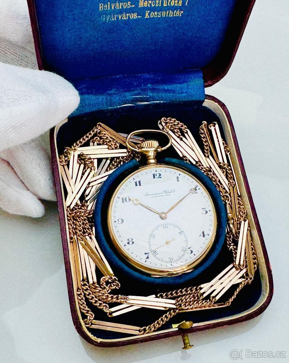 14K ZLATÉ PÁNSKÉ KAPESNÍ HODINKY IWC S ETUI A ŘETÍZKEM