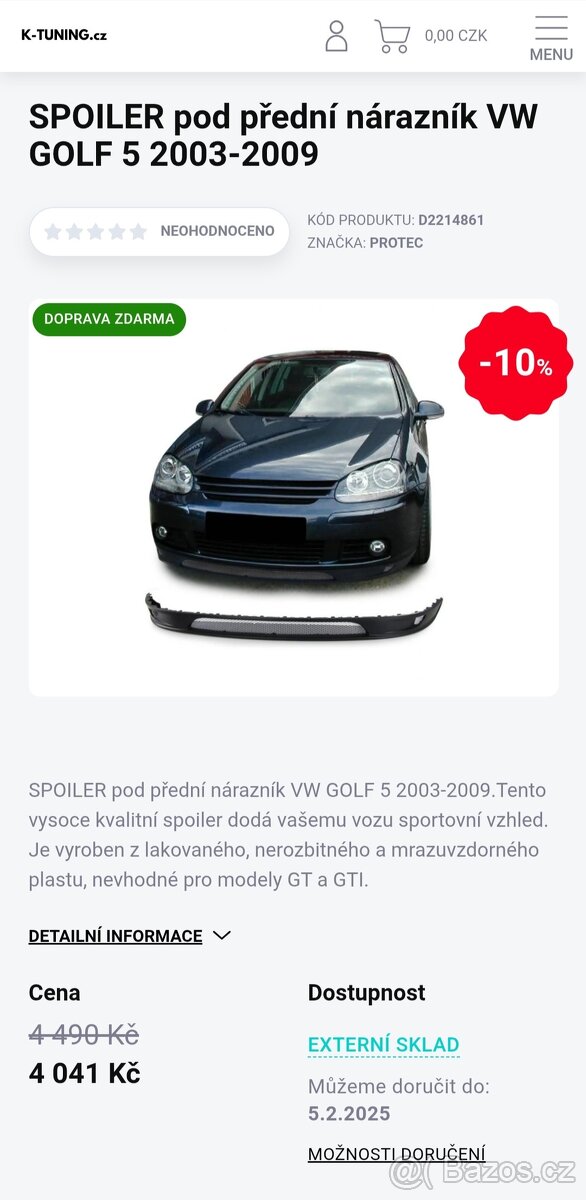 SPOILER pod přední nárazník VW GOLF 5 2003-2009